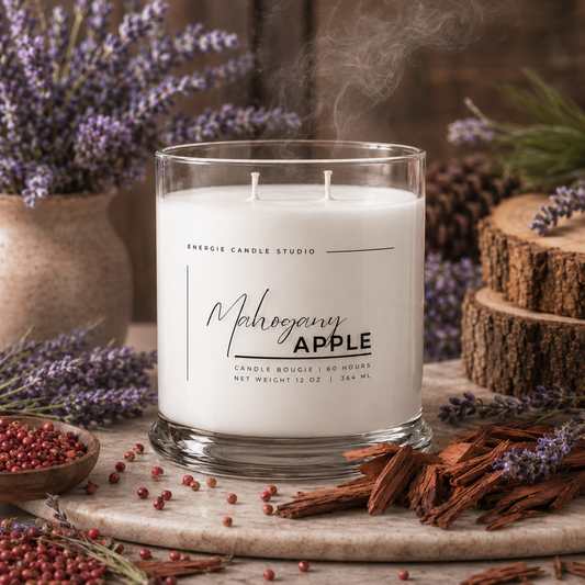 A two-wick scented candle in a clear glass jar sits on a stone surface surrounded by wood slices, cinnamon sticks, lavender, and red berries. The candle label reads 'Energie Candle Studio' and 'Mahogany APPLE'.
