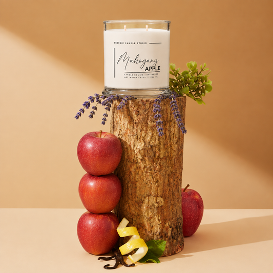 A glass jar candle labeled 'Makawany APPLE' by Candle Candle Studio sits on a rustic log, styled with red apples, lavender sprigs, and lemon curls against a warm beige background.
