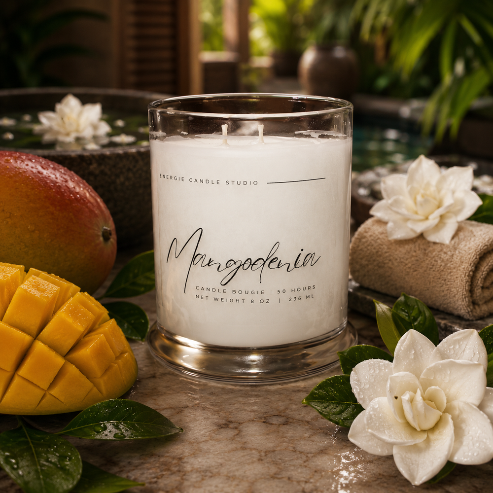 Candle labeled 'Mangogender' with mango and flowers on a table