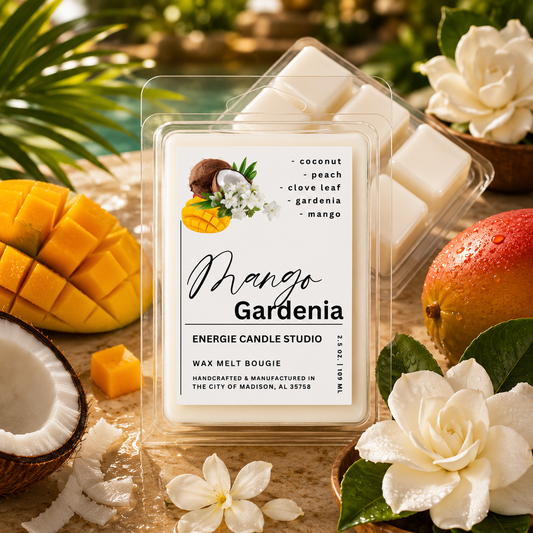 Mango Gardenia wax melt packaging with mango, coconut, and gardenia around it.