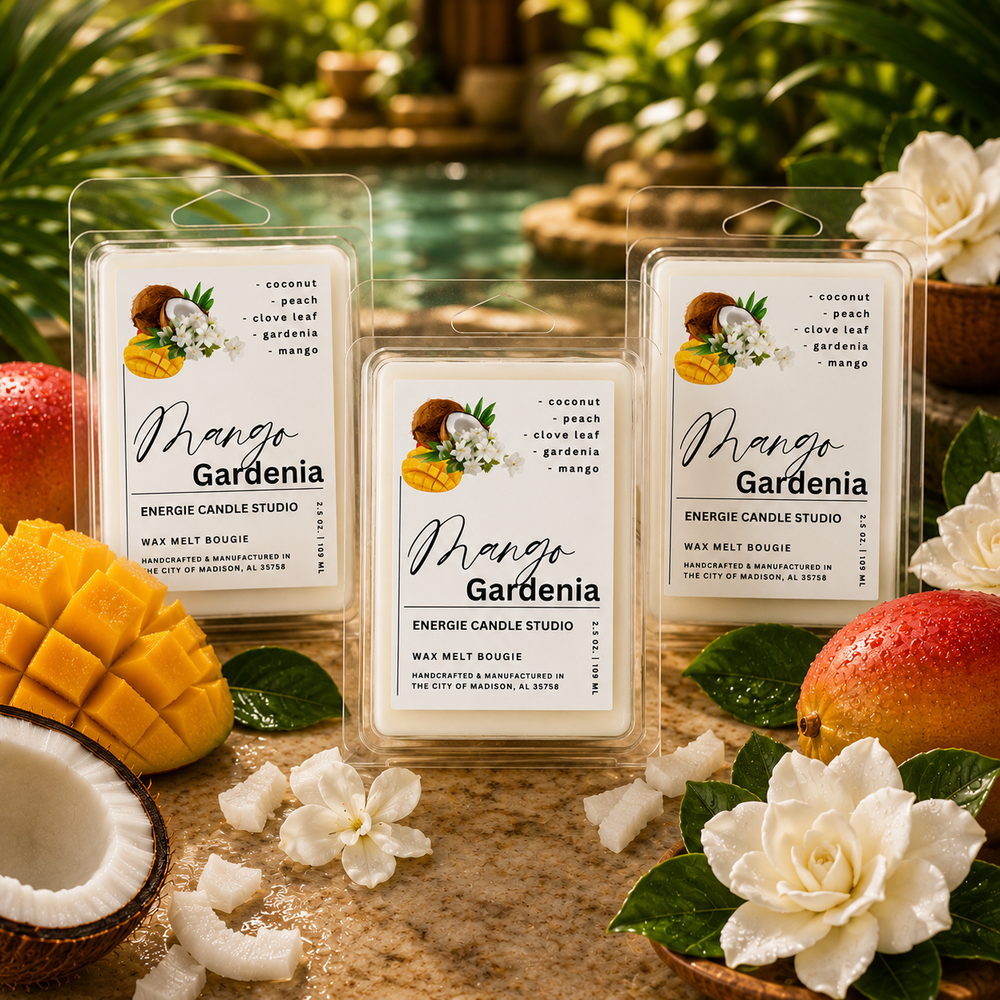 Mango Gardenia wax melts with tropical fruits and flowers on a natural background