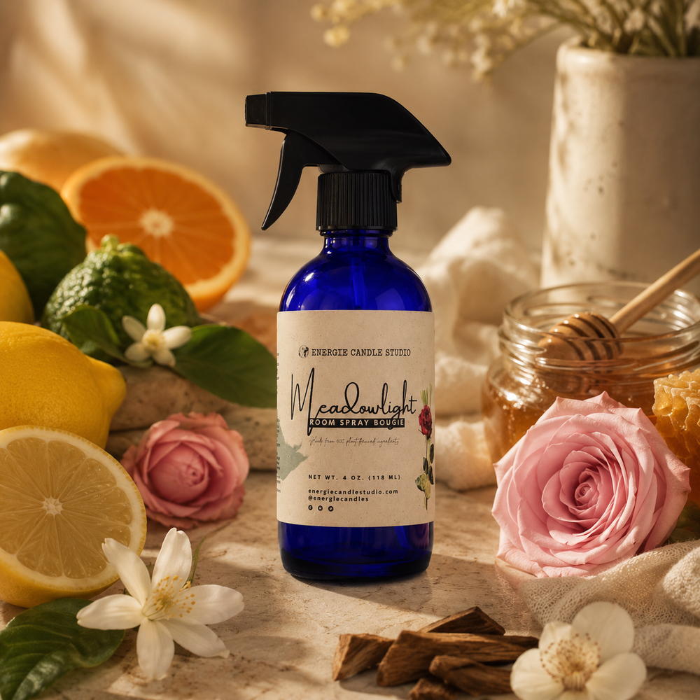Blue spray bottle labeled 'Meadowlight' surrounded by flowers, fruits, and honey on a wooden surface.