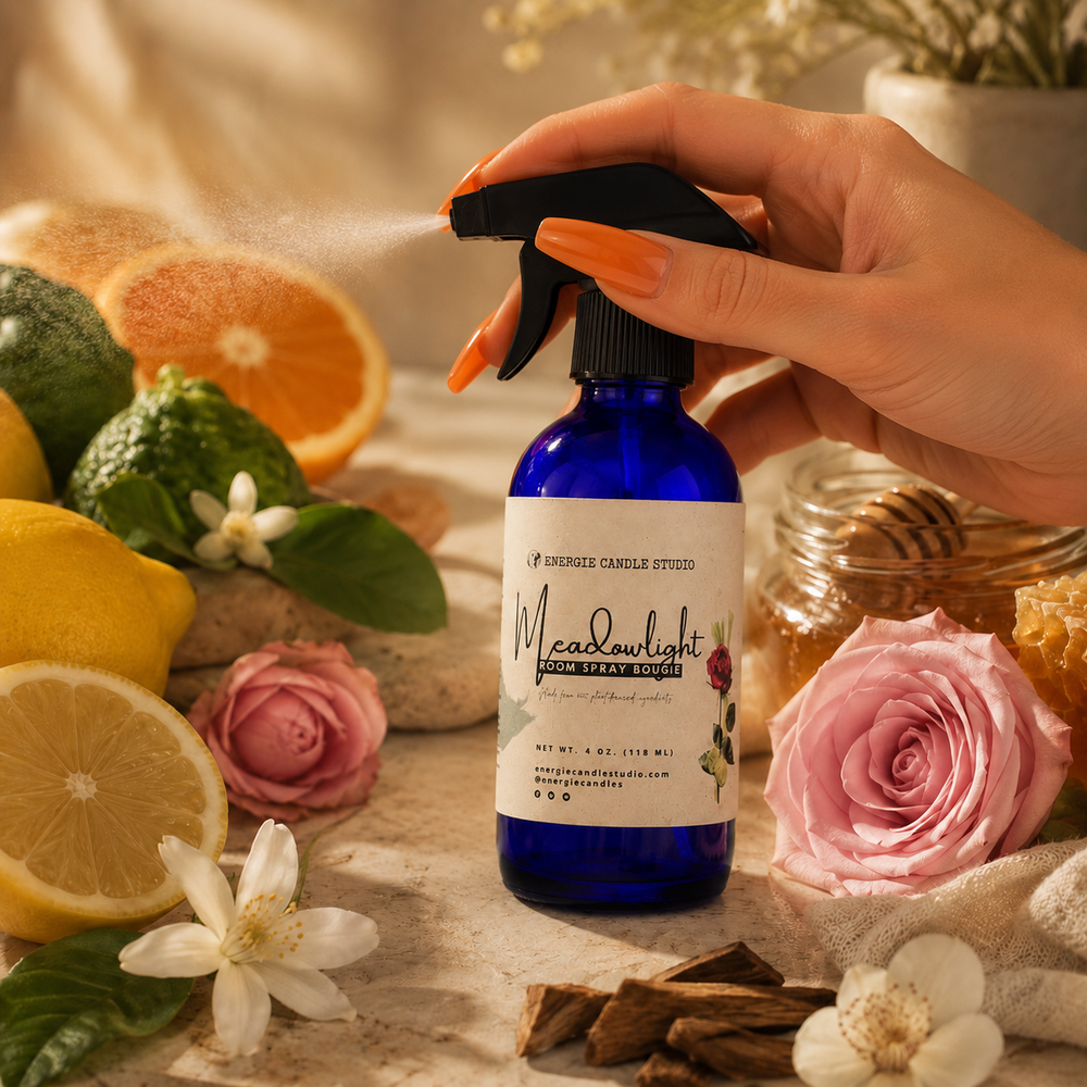 Hand holding a blue spray bottle labeled 'Meadowlight' with flowers and fruits in the background