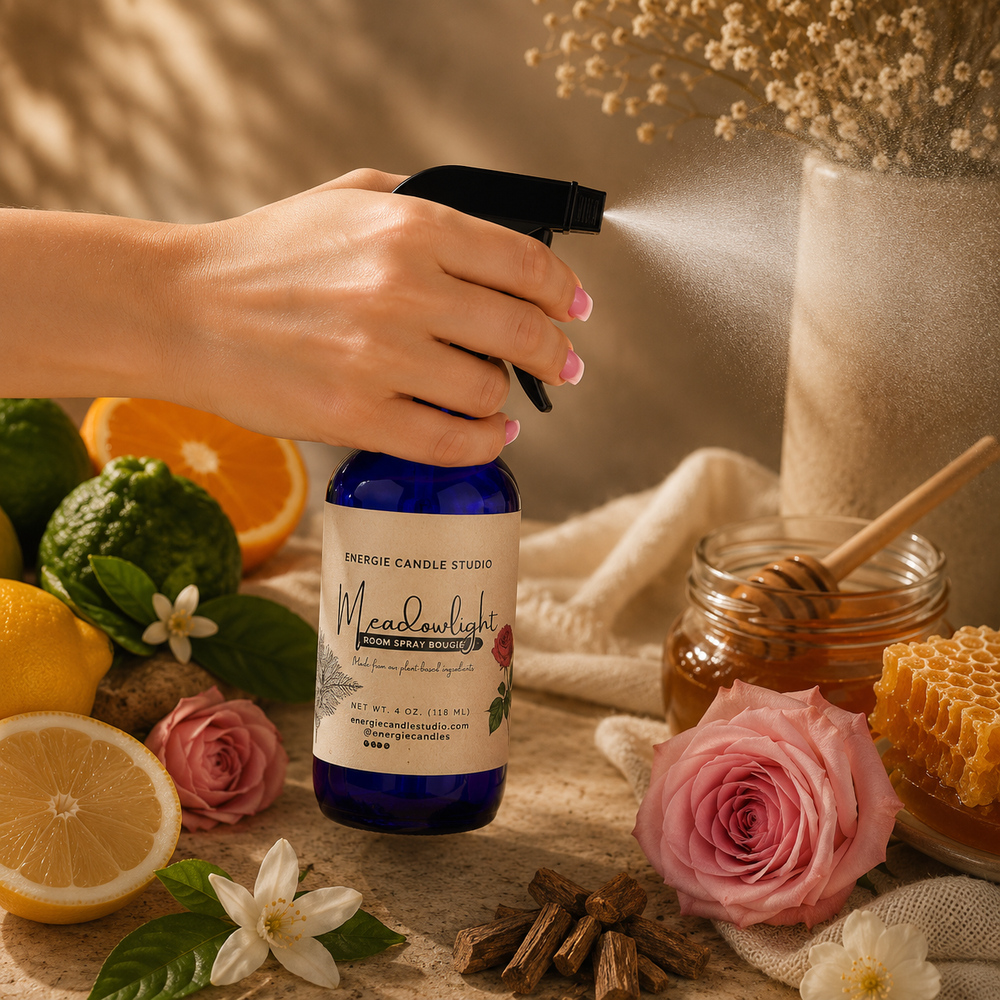 Hand holding a blue spray bottle labeled 'Meadowlight' with natural elements like flowers and fruits in the background.