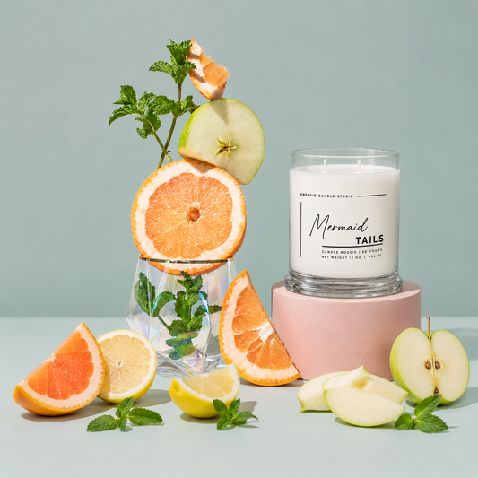 A glass jar candle labeled 'Mermaid TAILS' sits on a pink pedestal, surrounded by citrus slices, apple pieces, and mint leaves against a pale blue background.