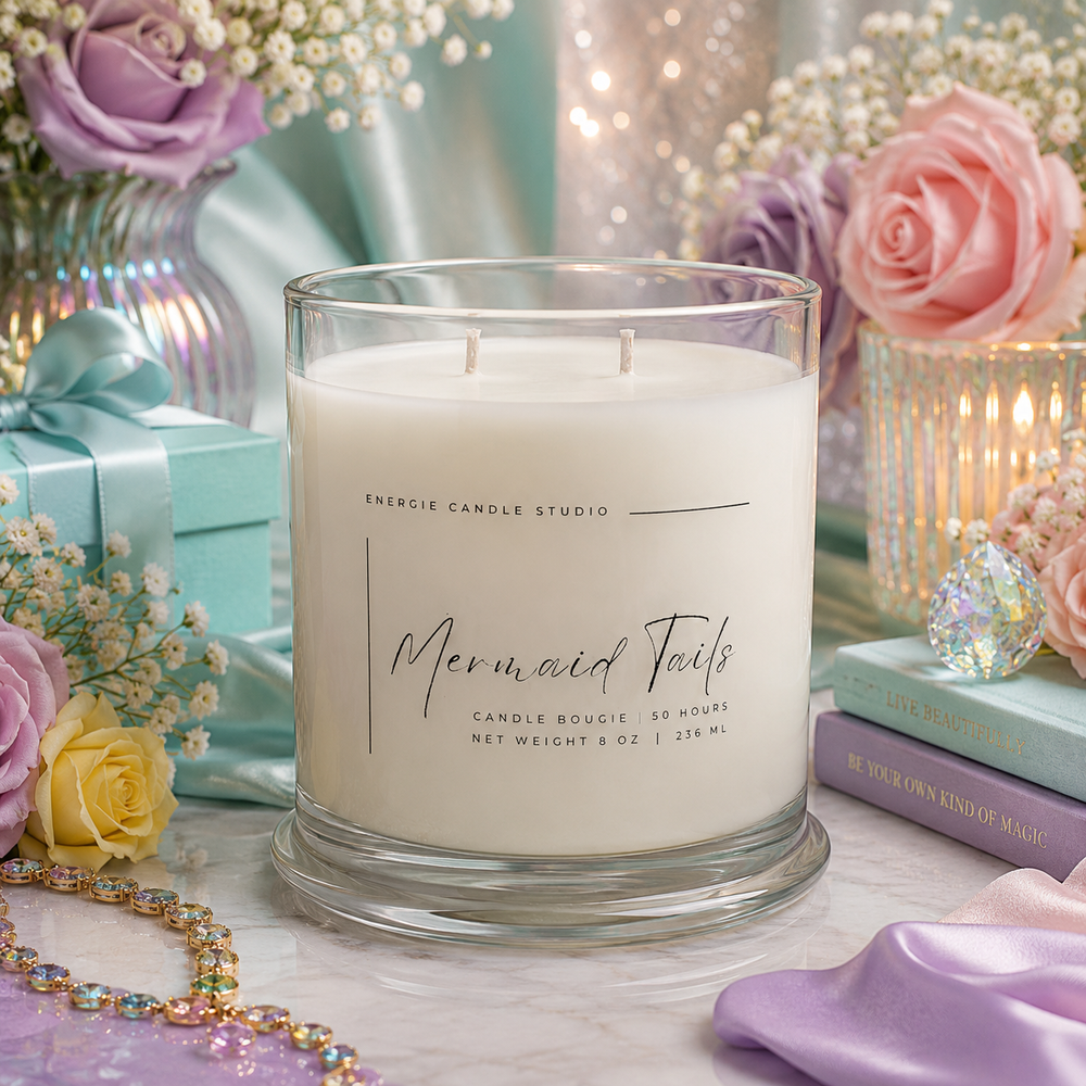 Candle labeled 'Mermaid Tail' with decorative items in the background
