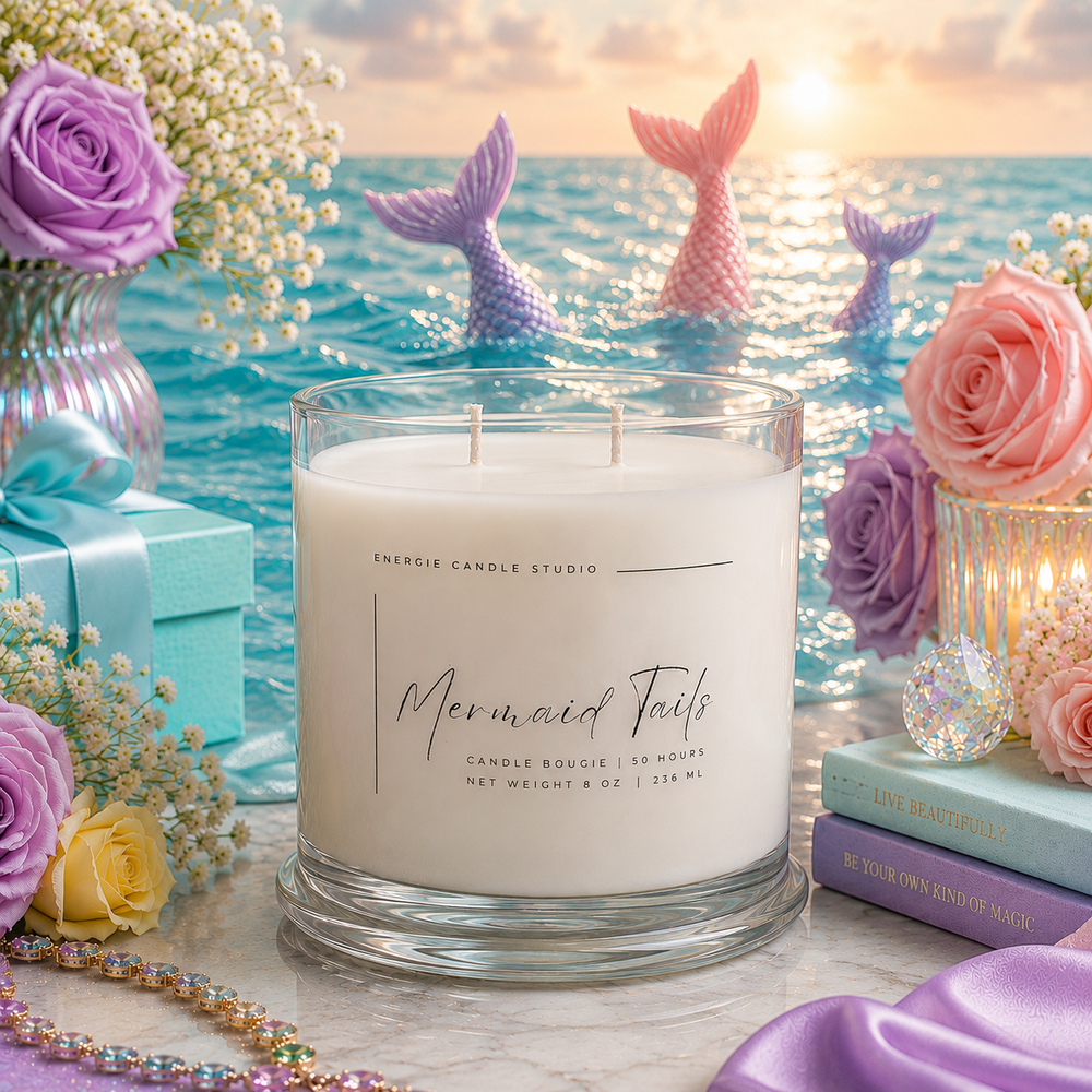 Candle labeled 'Mermaid Tails' with mermaid tail candles and flowers in the background
