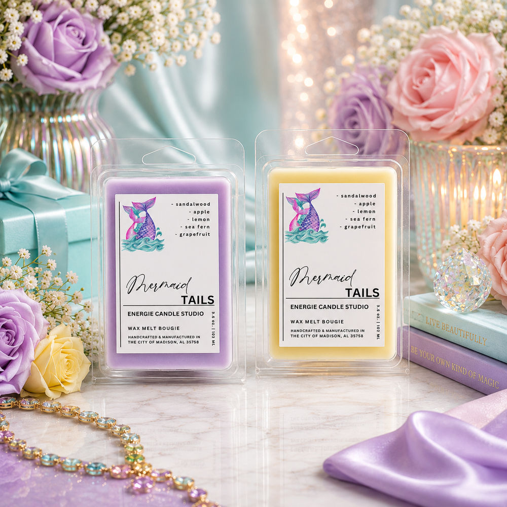 Two wax melt packages labeled 'Mermaid Tails' with decorative flowers and a gift box in the background.