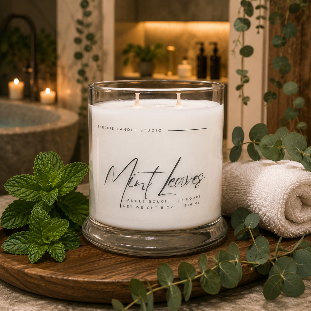 Candle labeled 'Mint Leaves' on a wooden tray with greenery and a towel in a bathroom setting.