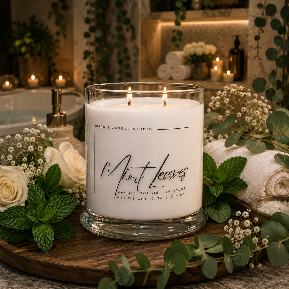Candle labeled 'Mint Leaves' on a wooden tray with flowers and towels in a spa setting.