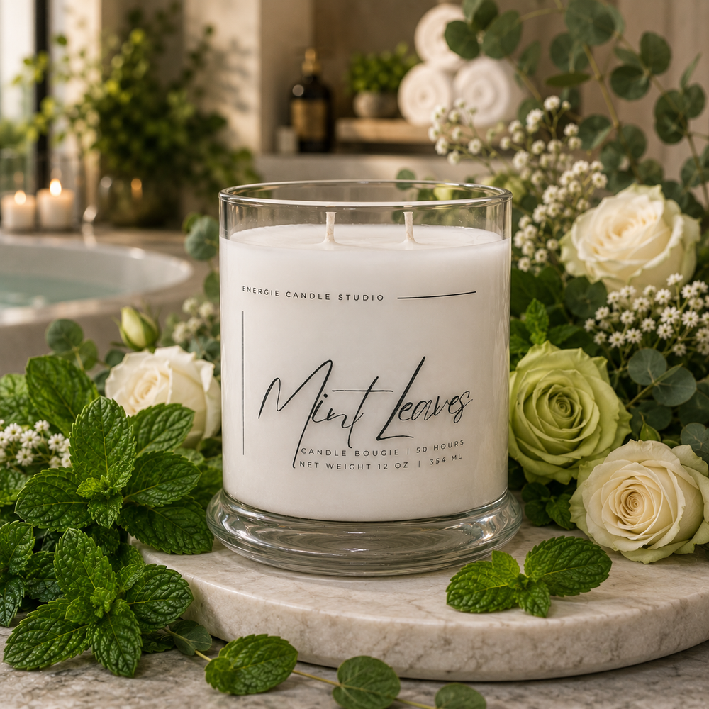 Candle labeled 'Mint Leaves' surrounded by mint leaves and roses on a marble surface.