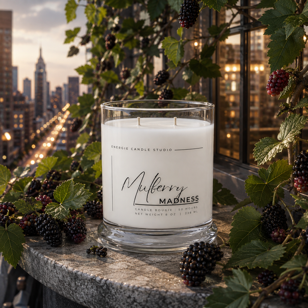 A large white scented candle in a clear glass jar sits on a stone ledge outdoors, surrounded by blackberries and green leaves, with a city skyline at dusk in the background. The candle label reads 'Mulberry MADNESS' and 'ENERGIE CANDLE STUDIO'.