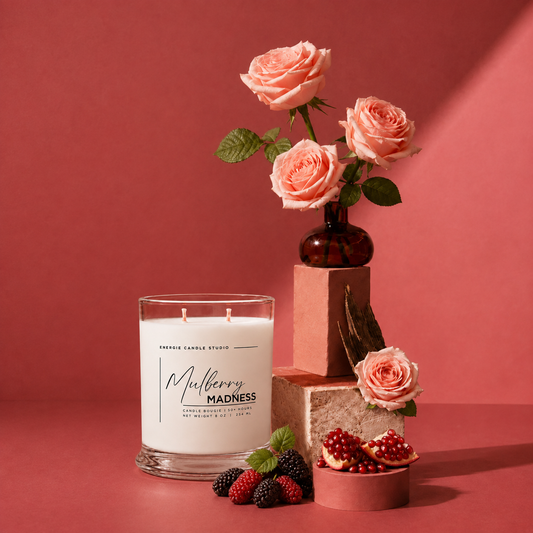 A candle by Enoch Candle Studio in a clear glass jar with a white label reading 'Mullberry Madness,' styled on a pink surface against a pink backdrop. A small amber vase with pink roses, stacked pink and stone blocks, and berries/pomegranate sit beside the candle.