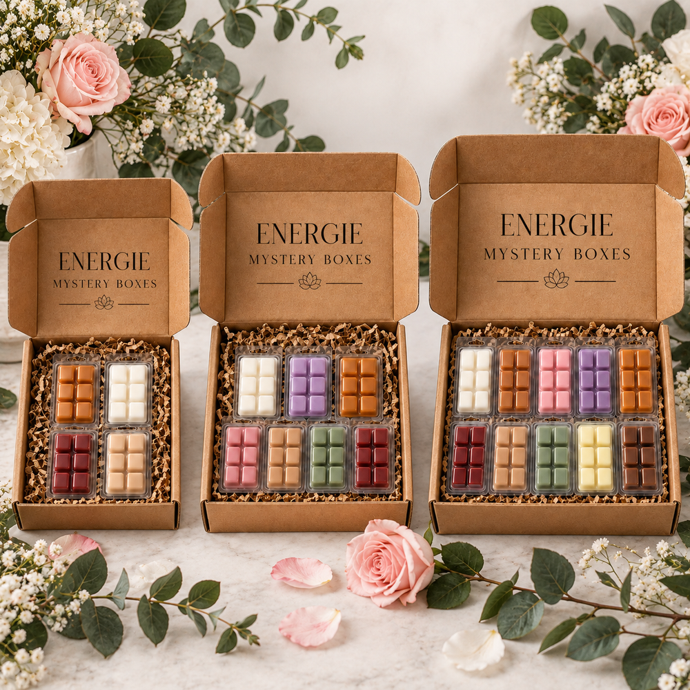 Three open kraft paper boxes labeled “ENERGIE MYSTERY BOXES” arranged on a light surface with flowers and greenery around them. Each box contains multiple small rectangular wax melts or soap bars in assorted colors, including orange, cream, purple, pink, green, burgundy, and tan.