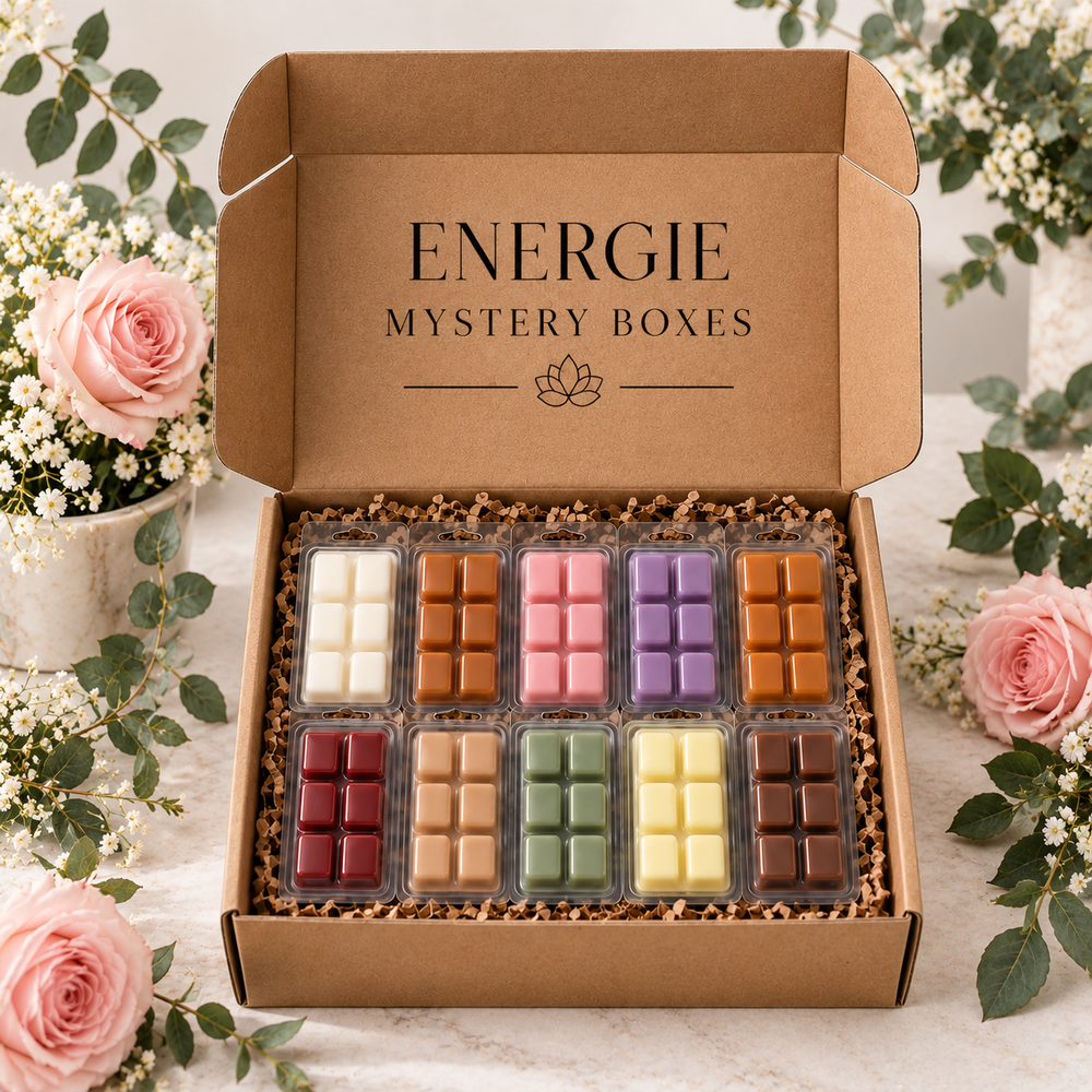 An open kraft cardboard gift box labeled 'ENERGIE MYSTERY BOXES' filled with ten small rectangular wax melts or soap bars in assorted colors, arranged in clear trays over shredded paper. The box is photographed on a light surface with pink roses and greenery around it.