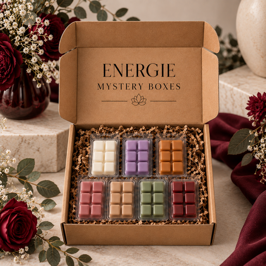 An open kraft cardboard box labeled 'ENERGIE MYSTERY BOXES' filled with eight small wax melts or soap cubes in assorted colors, arranged in shredded paper inside a styled setting with flowers and draped fabric.