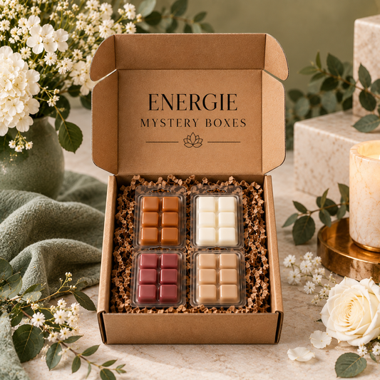 An open kraft gift box labeled “ENERGIE MYSTERY BOXES” filled with four small chocolate or candy squares in different colors, arranged in brown crinkle paper. The box is styled on a light surface with flowers, greenery, a folded green cloth, and a candle in the background.