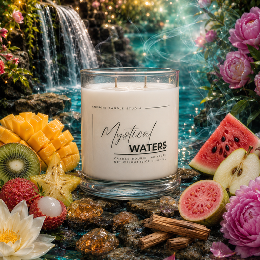 A double-wick candle in a clear glass jar labeled 'Mystical Waters' by Energy Candle Studio, set against a vivid fantasy waterfall and fruit scene with mangoes, guava, kiwi, watermelon, pink flowers, cinnamon sticks, and glowing sparkles.