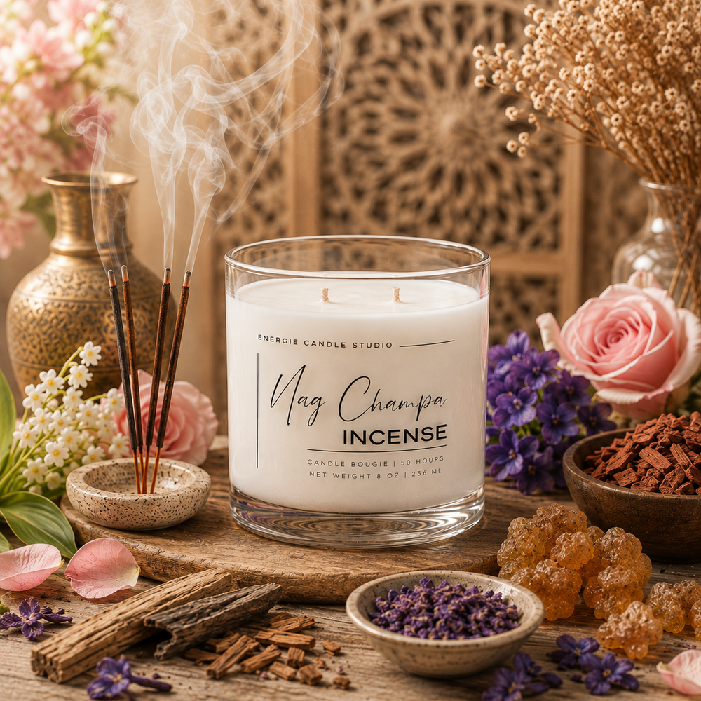 A glass jar candle labeled 'Mag Champa Incense' by Energie Candle Studio, styled on a wooden surface with incense sticks, roses, dried flowers, and bowls of botanical ingredients in a warm, rustic setting.