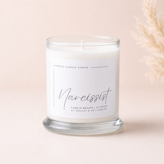 candle with white label and beige background