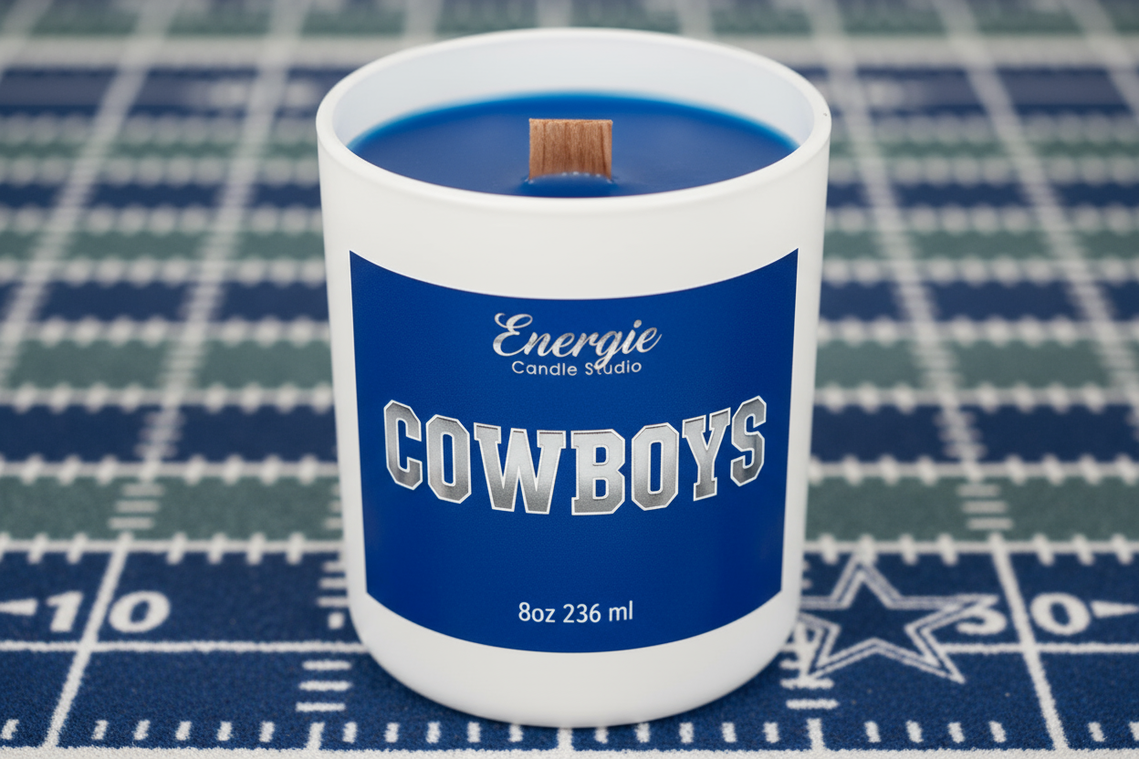 Need an 8oz candle in a matte white vessel with blue wax filled high with a realistic wooden wick. The label on the candle should be blue with  silver lettering that says Energie Candle Studio on the top of the label and Cowboys in capital letters in the middle. On the bottom of the label it should say on one line 8oz 236 ml.  The candle should be sitting straight on a football field that is blue and silver
