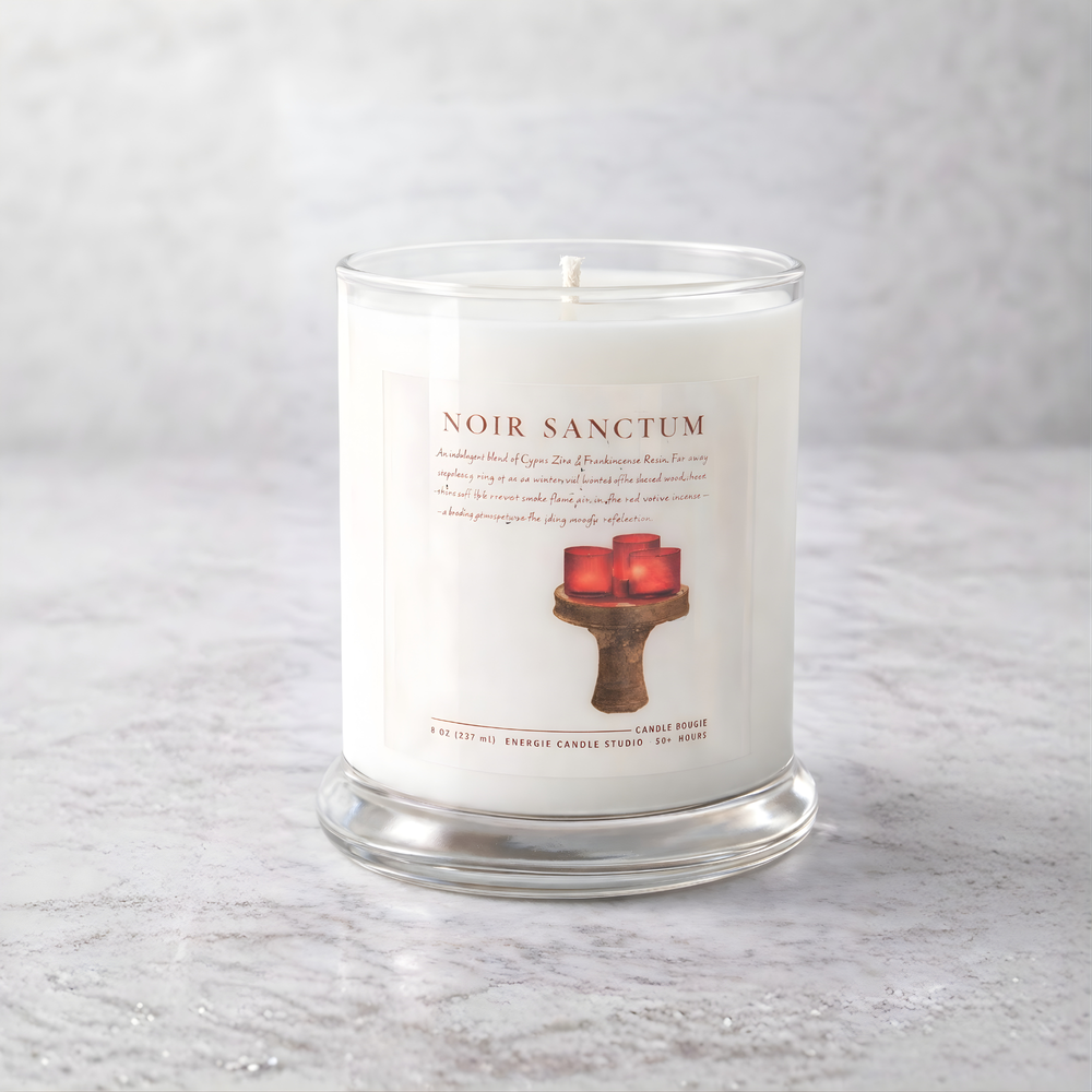 Candle with a label on a gray surface