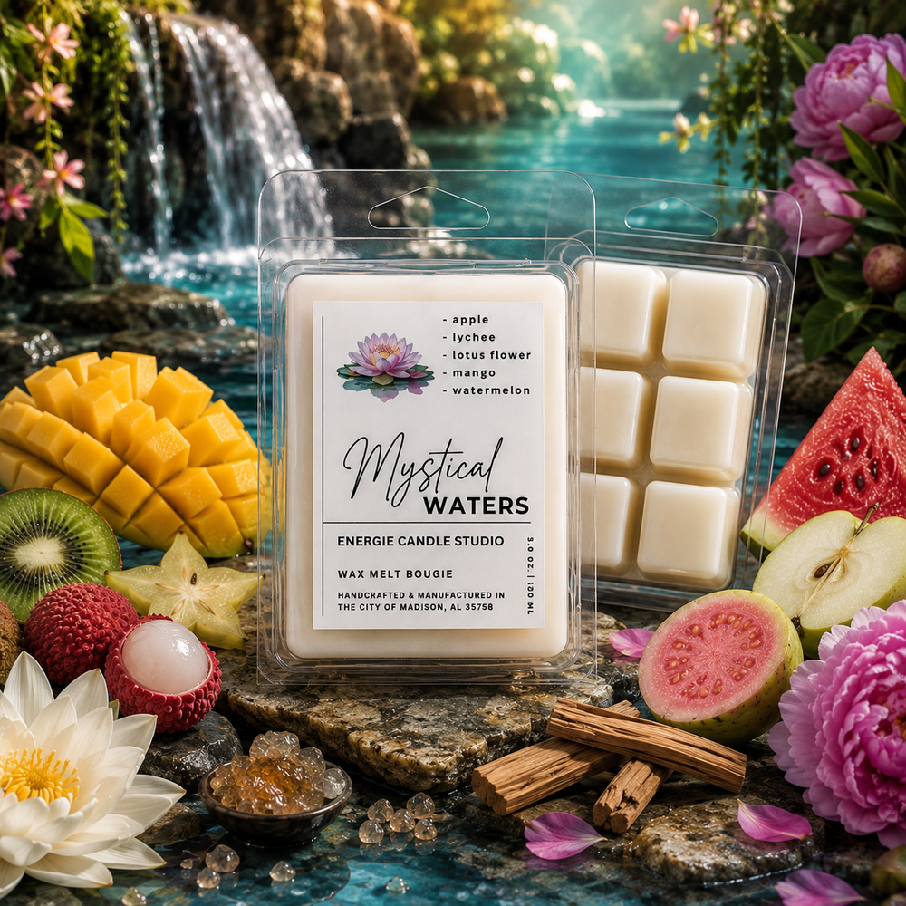 Two wax melt candle packages displayed in a lush, tropical outdoor-style setting with fruit, flowers, and a waterfall background. The front package shows a white label reading 'Mystical Waters' and 'Energie Candle Studio,' while the rear package reveals off-white wax cubes.
