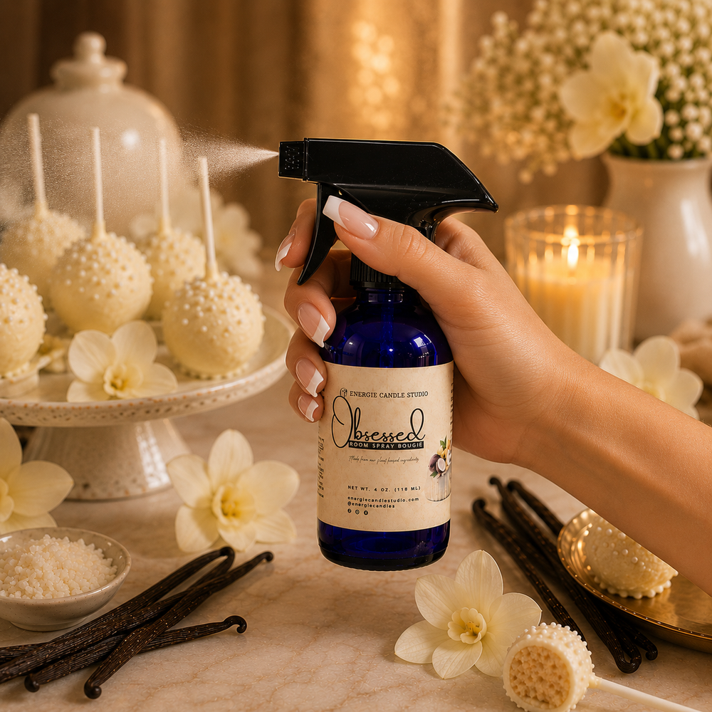Hand holding a bottle of 'Obiwen' product with vanilla beans and flowers in the background