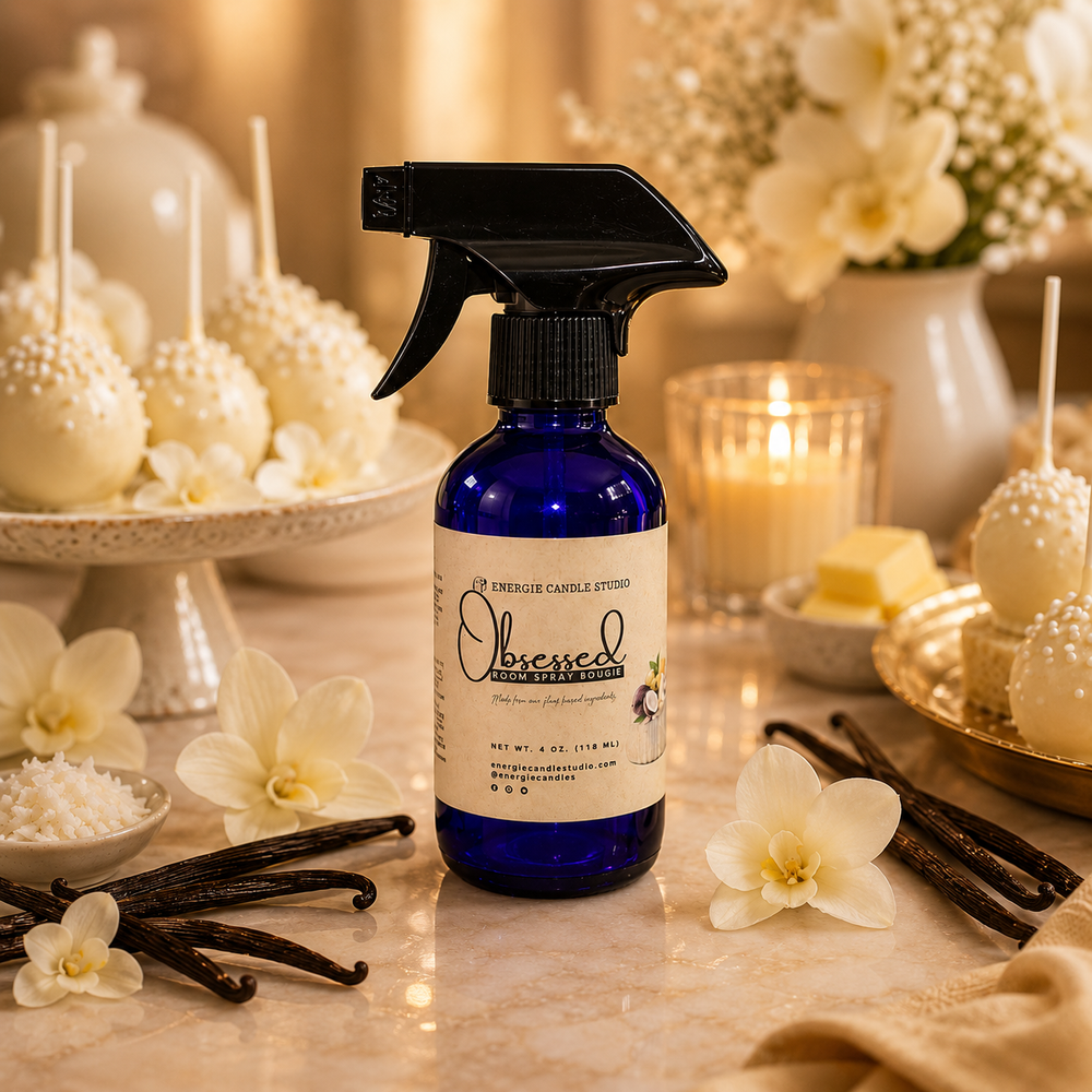 Blue spray bottle labeled 'Obsessed' on a table with vanilla beans and flowers