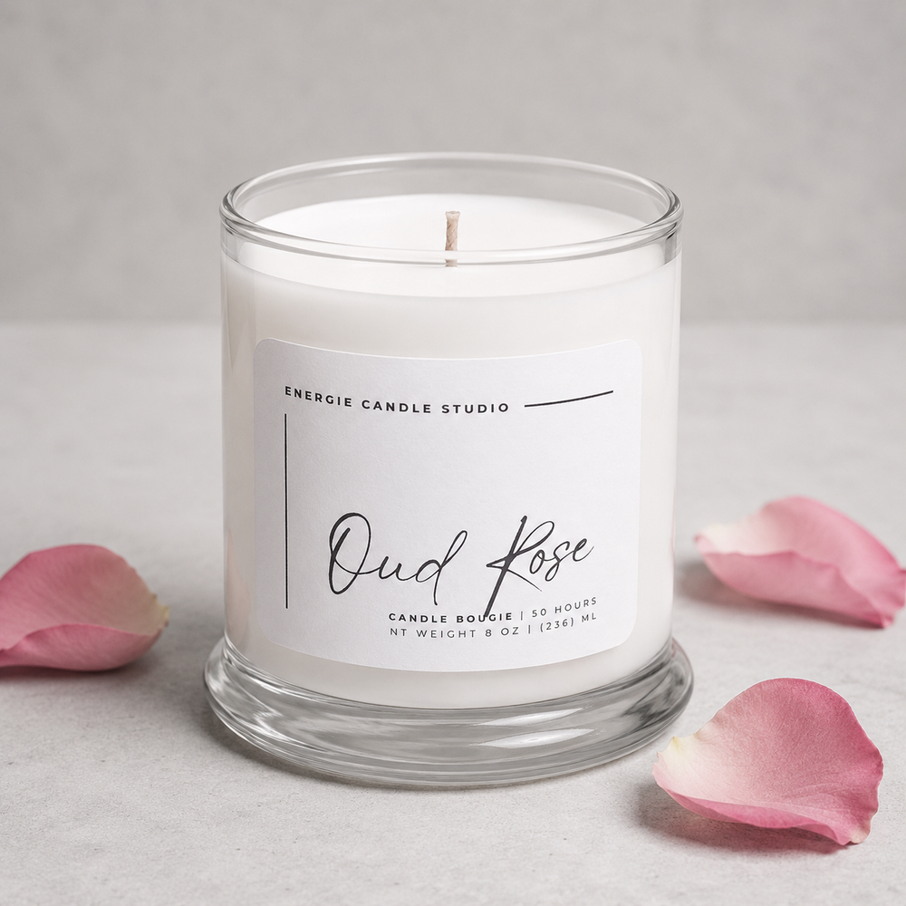 Energie Candle Studio Oud Rose candle with pink petals on a light background