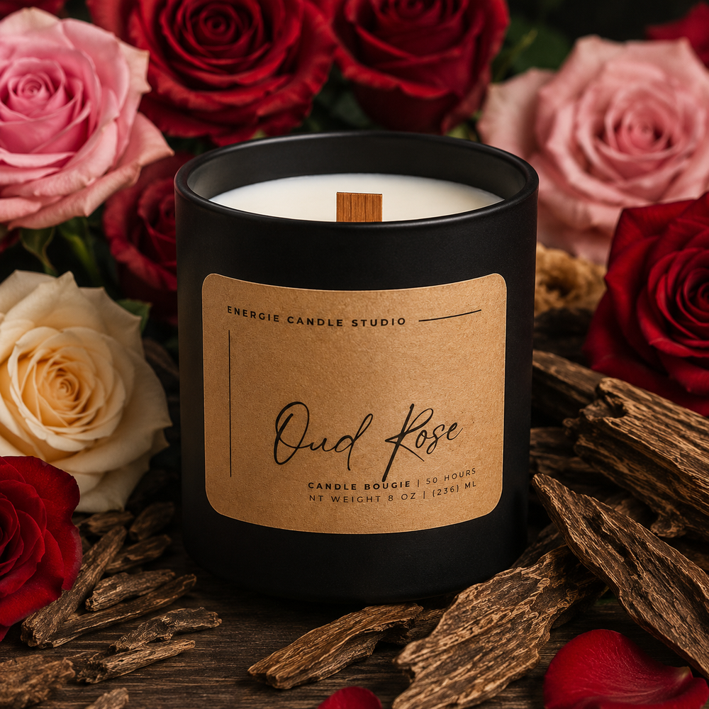 Candle labeled 'Oud Rose' surrounded by roses and wood chips