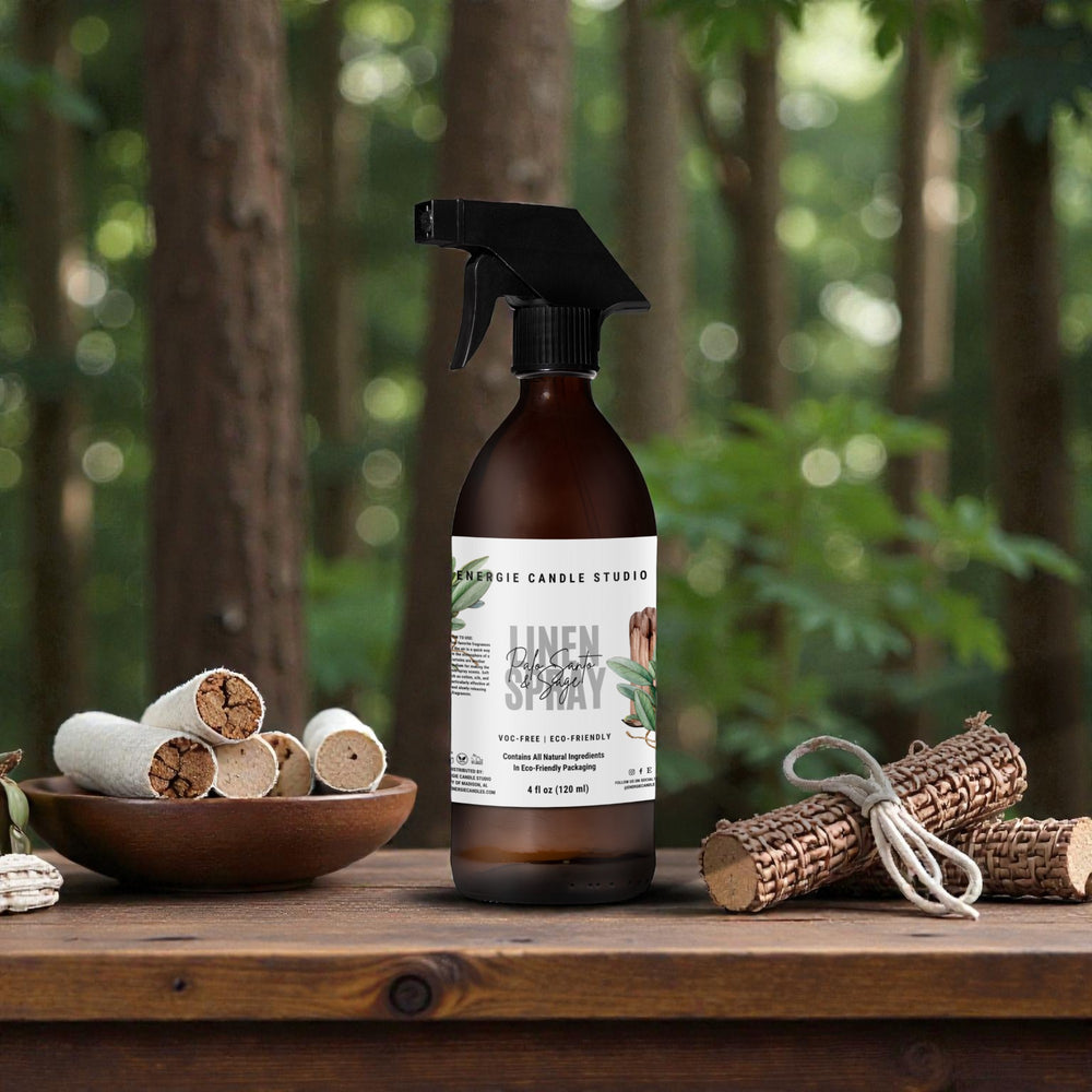 Brown spray bottle with a label on a wooden surface in a forest setting