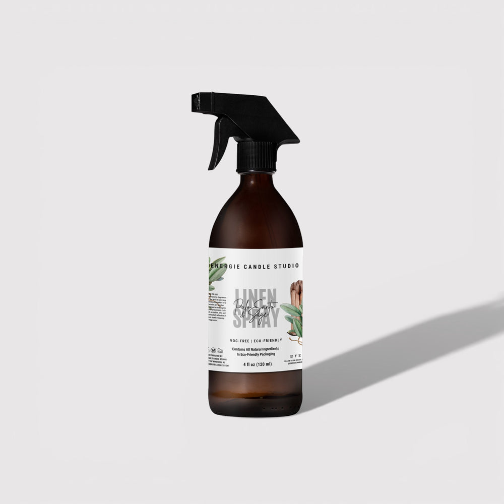 Brown spray bottle with a label on a light gray background