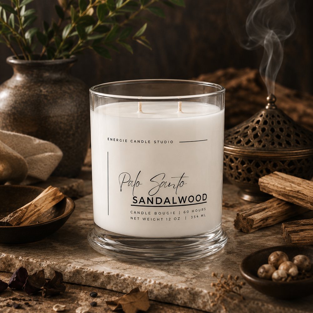 A white scented candle in a clear glass jar labeled 'Palo Santo SANDALWOOD' by Energie Candle Studio, styled on a rustic stone surface with cinnamon sticks, dried botanicals, a metal incense burner, and greenery in the background.