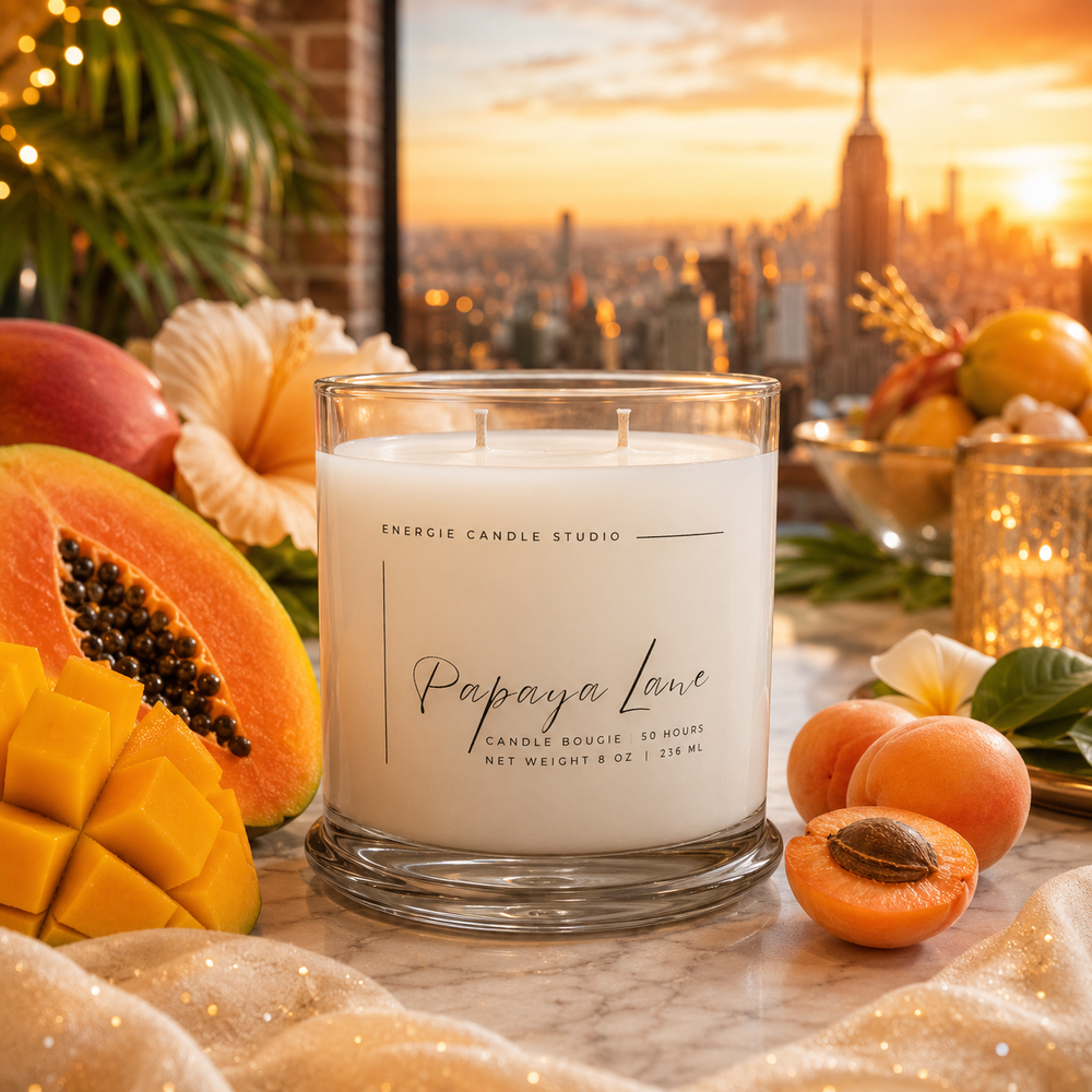 Candle labeled 'Papaya Lane' on a table with fruits and cityscape in the background