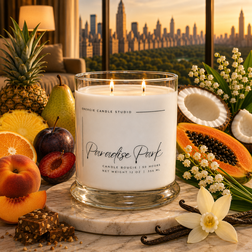 Candle labeled 'Paradise Park' surrounded by fruits and flowers with a cityscape in the background