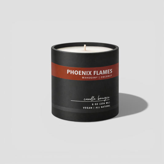 Candle with 'Phoenix Flames' label on a gray background