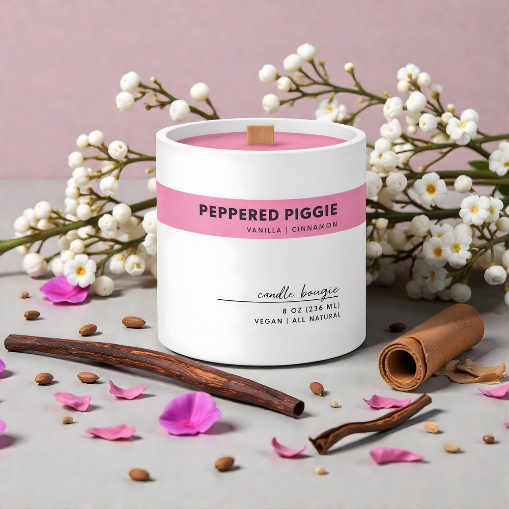 Candle labeled 'Peppered Piggie' with flowers and cinnamon sticks on a light background