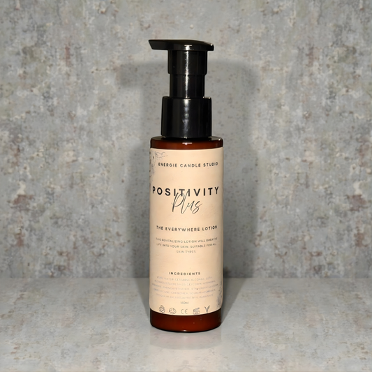 Lotion bottle labeled 'Positivity Plus' on a textured surface with gray background