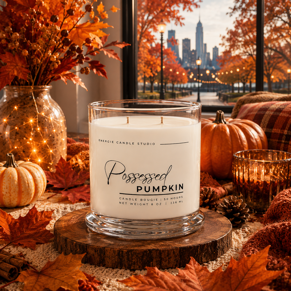 A glass jar candle labeled 'Possessed Pumpkin' by Energy Candle Studio, styled in an autumn scene with pumpkins, fall leaves, a lit candle holder, and a window view of a city skyline in the background.