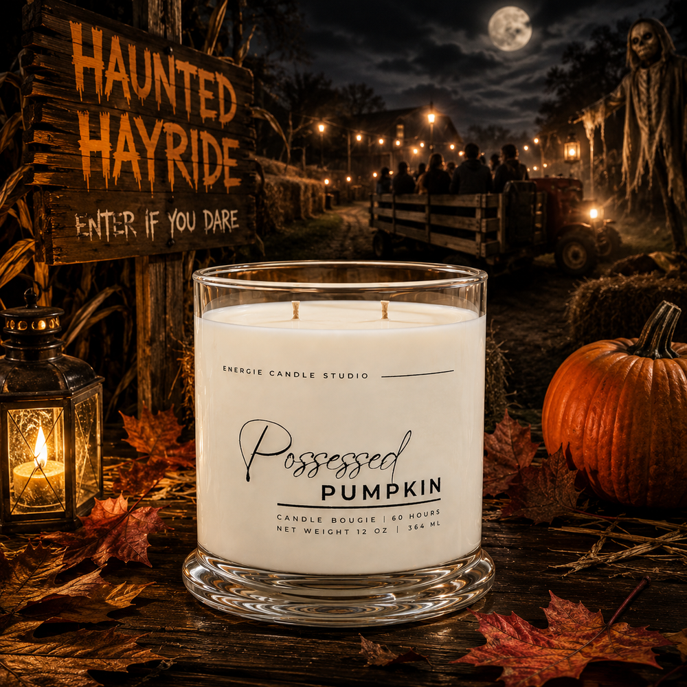 A large white scented candle in a clear glass jar sits on a rustic wooden table surrounded by autumn leaves, a lit lantern, and pumpkins. In the background, a Halloween-themed scene shows a moonlit haunted hayride road with a sign reading 'Haunted Hayride' and people riding in a wagon.