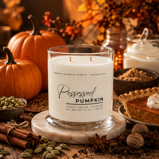 A white scented candle in a clear glass jar sits on a marble coaster, surrounded by autumn-themed props including pumpkins, cinnamon sticks, star anise, nuts, and a slice of pumpkin pie. The label reads 'Energy Candle Studio' and 'Possessed Pumpkin'.