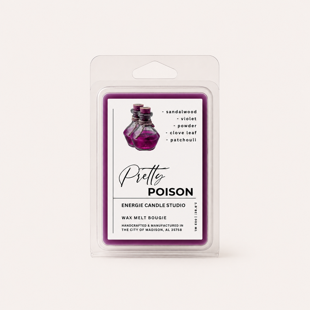 A packaged wax melt product in a clear plastic clamshell package with a white label featuring a purple border and an illustration of purple perfume bottles. The label reads 'Pretty POISON' and 'ENERGIE CANDLE STUDIO,' with scent notes including sandalwood, violet, powder, clove leaf, and patchouli.
