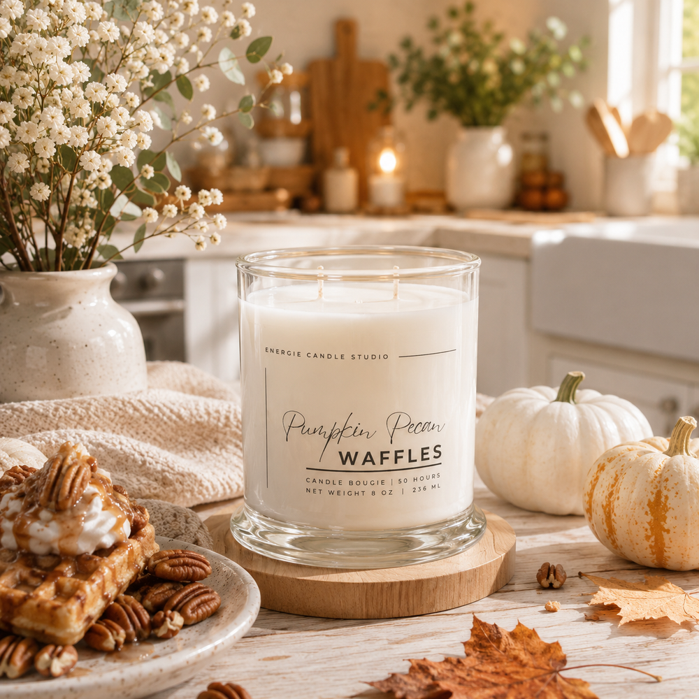 A glass jar candle labeled 'Pumpkin Pie Waffles' by Candle Studio sits on a wooden coaster in a warm, rustic kitchen setting. The scene includes waffles with pecans, small pumpkins, dried leaves, and a vase of white flowers.