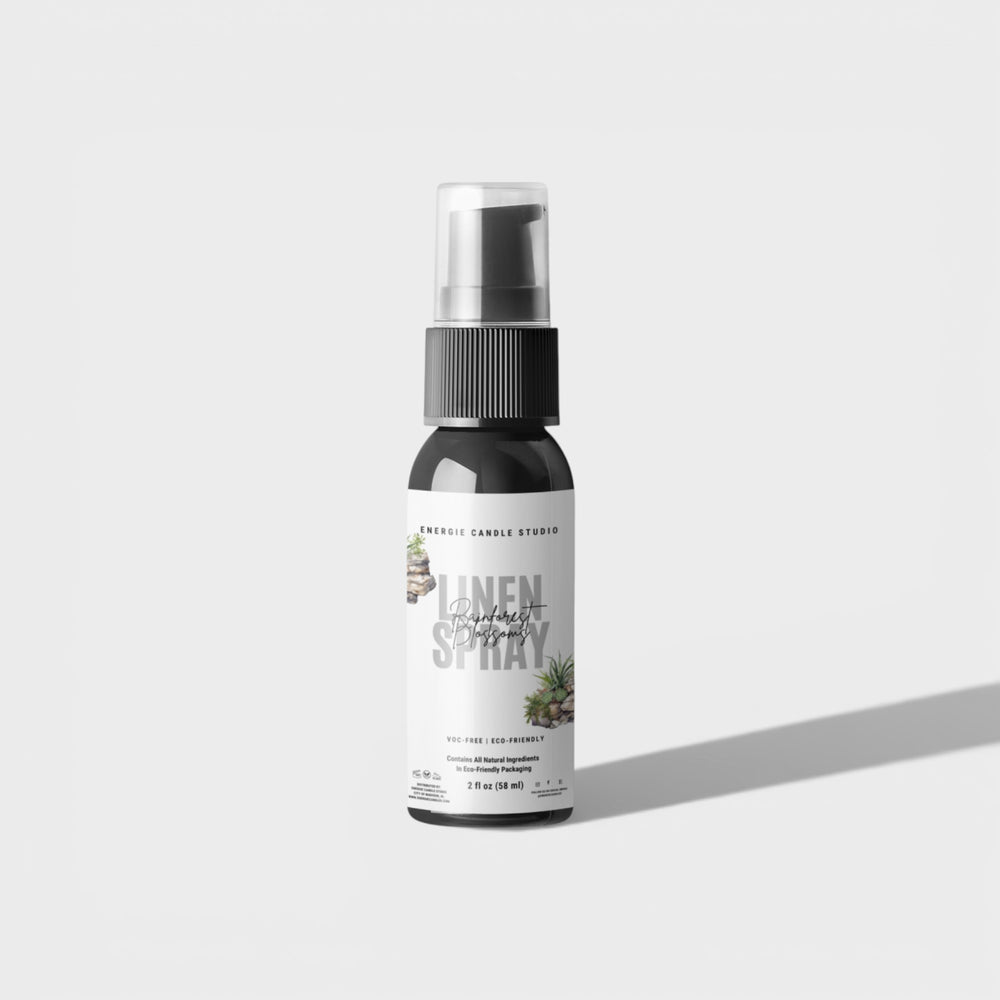 Linen spray bottle with a white label on a light gray background
