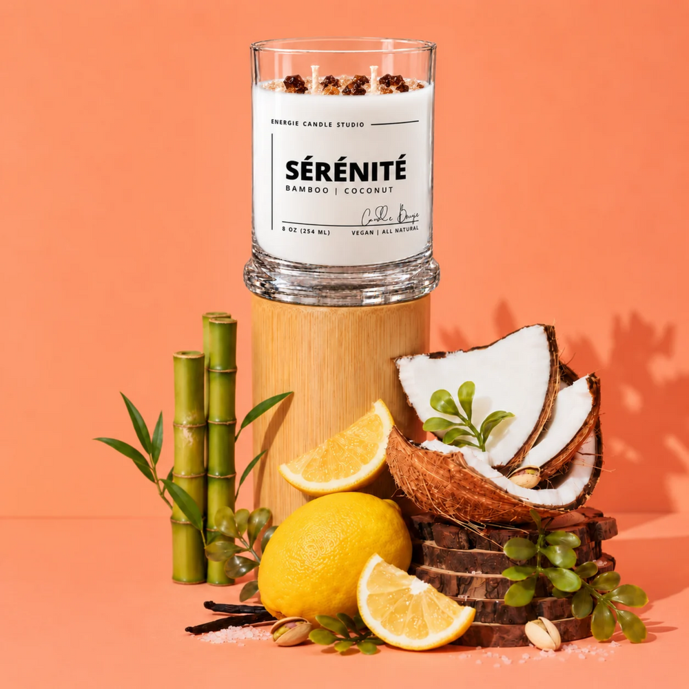 A glass jar candle labeled SÉRÉNITÉ Bamboo | Coconut by Evening Candle Studio, styled on a wooden pedestal with coconuts, lemons, bamboo, and greenery against a peach studio background.