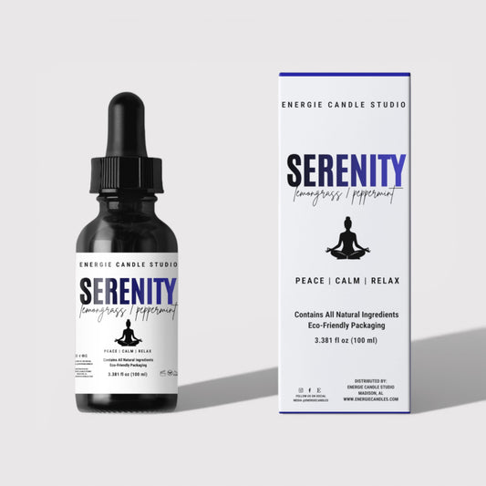 Energie Candle Studio Serenity product with bottle and packaging on a light gray background