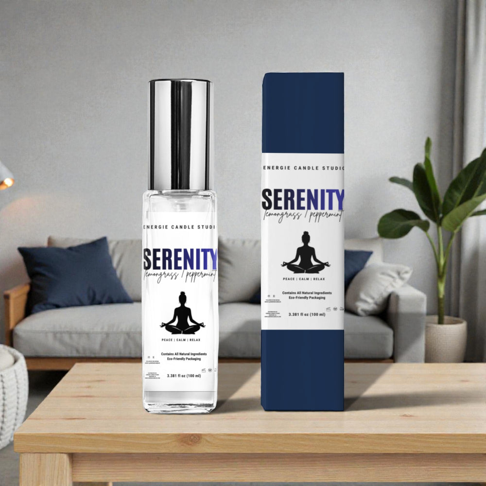 Serenity product bottle and packaging on a wooden table with a living room background