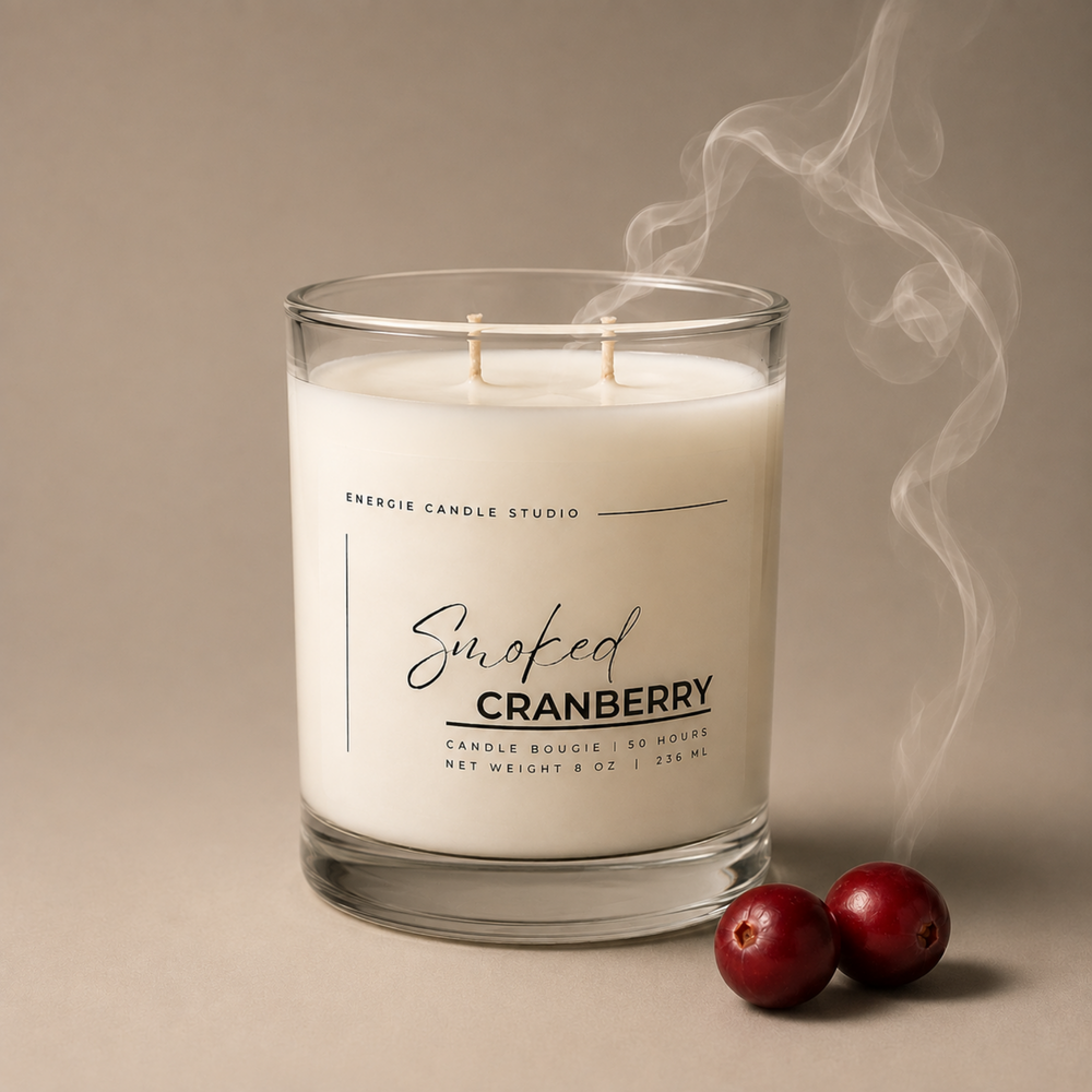 A two-wick candle in a clear glass jar labeled 'Smoked Cranberry' by Energie Candle Studio, set against a warm beige background with stylized steam rising and two red cranberries in the foreground.