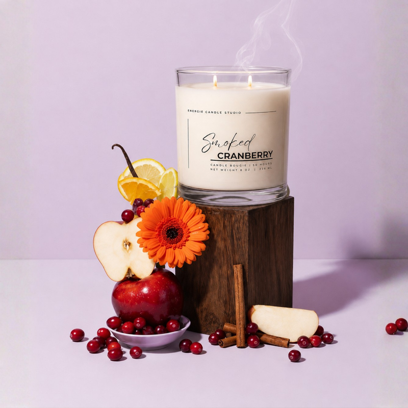 A lit double-wick candle in a clear glass jar sits on a dark wooden pedestal. The label reads 'Six of Ceed Cranberry' by Candle Candles Studio.
